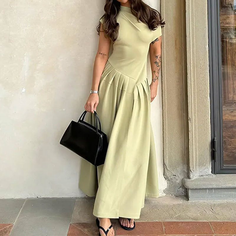 Elegant Women's Dress With Long Skirt, Fashionable High-Waisted Solid Color Spring Dress_ecoleips.com