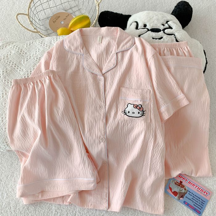 Verano nuevo estilo pijama mujer nube algodón 120g solapa cárdigan pantalones cortos de manga corta pantalones de tres piezas lindo servicio a domicilio