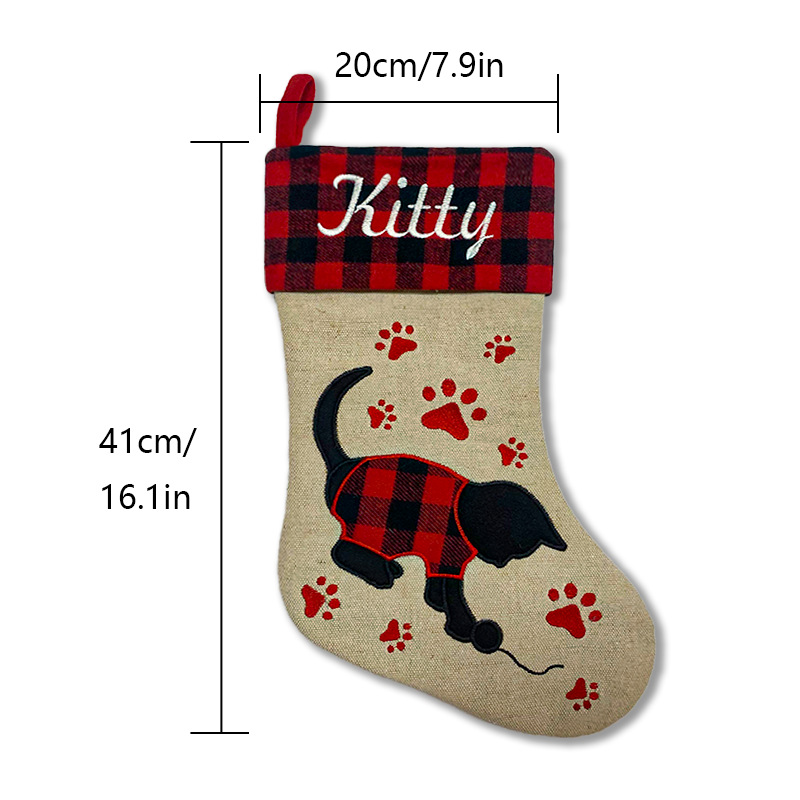 跨境圣诞节圣诞袜猫狗剪影麻布格子圣诞礼物袜宠物装饰糖果袋子