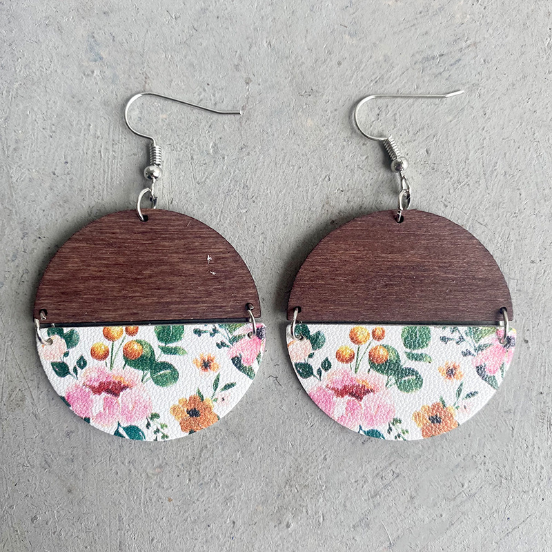 1 Pair Simple Style Flower Pu Leather Wood Women's Drop Earrings display picture 2