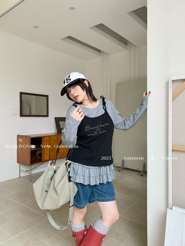 W家洋气多巴胺秋季新款字母刺绣吊带背心长袖荷叶边t恤上衣套装女|undefined