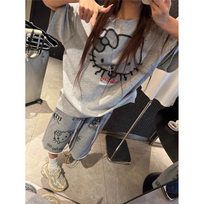 Cartoon Kt Cat Sports Shorts Women's Summer Thin Lazy Style Casual Five-Point Pants High-Waisted Straight Wide-Leg Long Pants