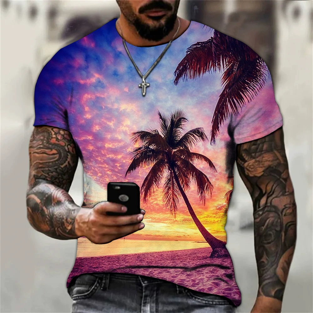 Мужская футболка с круглым вырезом AliExpress, летняя футболка с круглым вырезом, пляжным пейзажем свободного типа