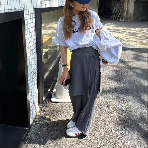 2025 Spring and Autumn Korean Design Style True Two-Piece Set Leisure Pants Skirt Set for Women Straight Leg Hem Skirt