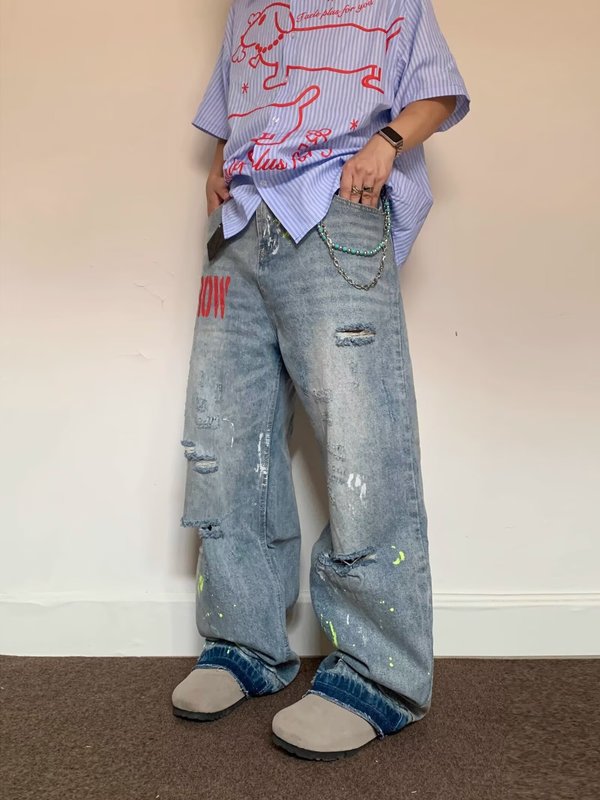 アメリカンハイストリートレトロウォッシュ刺繍リップドジーンズ、男女兼用、ゆったりとしたデザイン、ファッショナブルなワイドレッグパンツ、トレンディなブランド|undefined