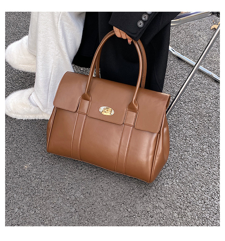 Large Size Women's Large Pu Leather Solid Color Elegant Vintage Style Square Lock Clasp Tote Bag