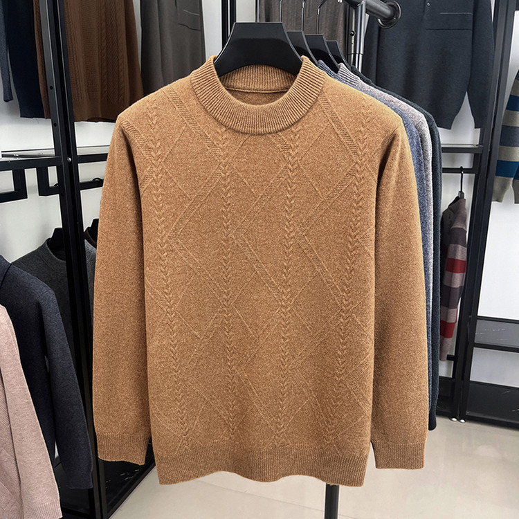 Suéter de lana de alta gama diamante marca de hombre invierno nuevo suéter de mediana edad de medio cuello alto suéter de punto casual de hombre