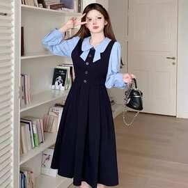 学院风减龄少女连衣裙2025秋冬拼接撞色娃娃领假两件收腰显瘦裙子