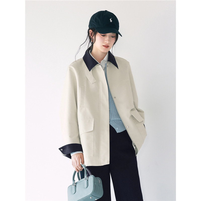 伊*丽简约撞色日系卡其设计感小个子短款风衣女外套2025春季新款|undefined