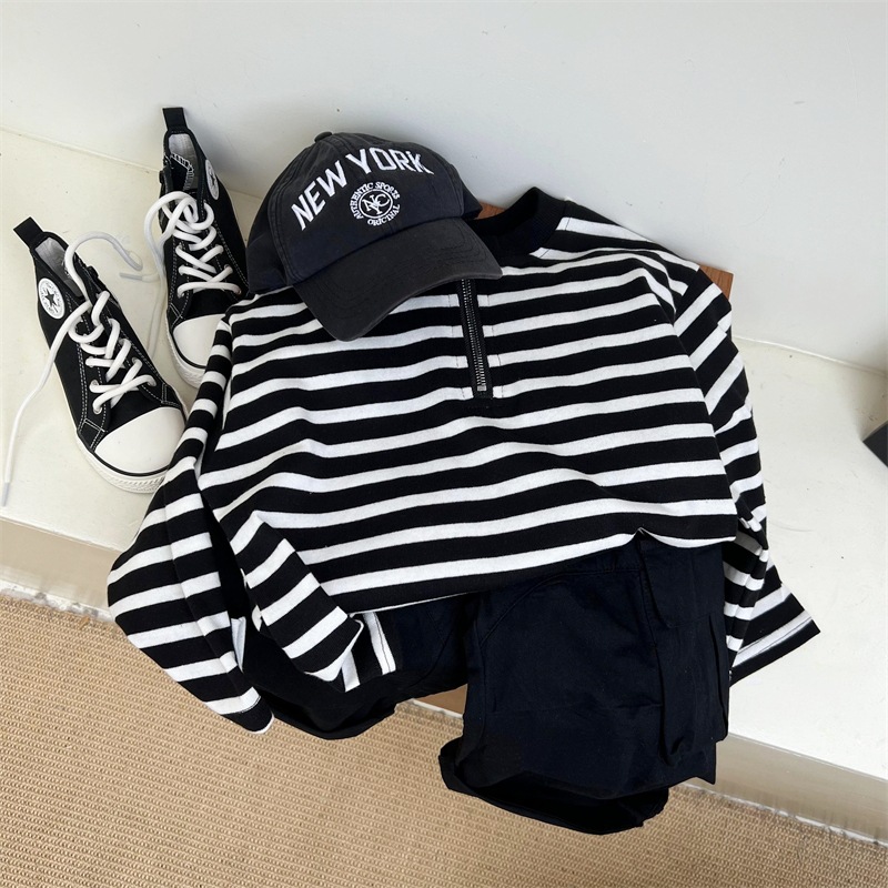 2024 Herbst Kinder American Half Zipper Striped Hoodie für Jungen und Mädchen, Loose Bottom Cotton Langarm Trendy_voghion.com