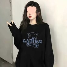 美式复古黑色圆领卫衣少女大童秋冬2025新款高中生学院风宽松上衣