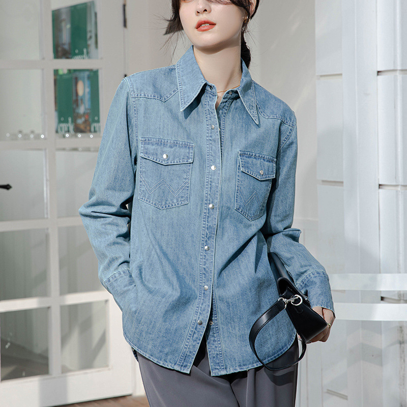 Blue Denim Shirt for Women 2026 Spring and Autumn Layered Design Niche Retro Hong Kong Style Loose Long-Sleeve Top Trendy