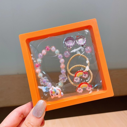 Children's Korean Version Hair Clip Hair Tie Set Cartoon Bead Bracelet Princess Cute Hair Ring Accessory Gift Box Girls Hair Accessories