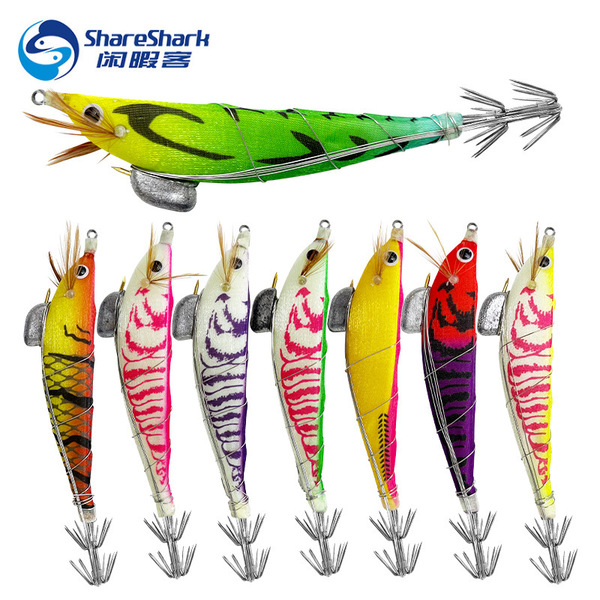 Luminous steel wire wooden shrimp squid hook lure bait counterweight…