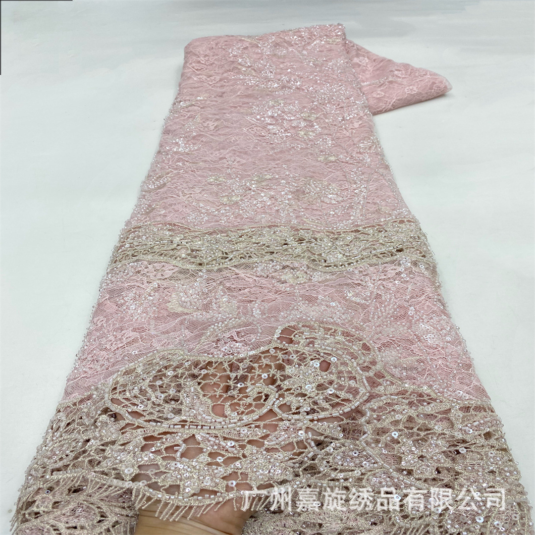 Tela de encaje europea y americana con cuentas, lentejuelas, bordado hueco, tela para vestido de noche, tela de encaje.