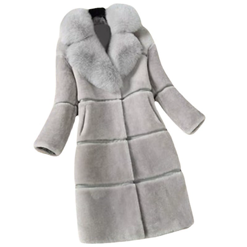 Sheep scissor 2024 autumn and winter new product stitching fur integrated medium -length imitation fox hair collar coat fur jacket