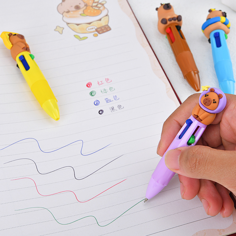 Transfronterizos lindos dibujos animados Kapibara bolígrafo de cuatro colores bolígrafo portátil multicolor para niños bolígrafo pulsador