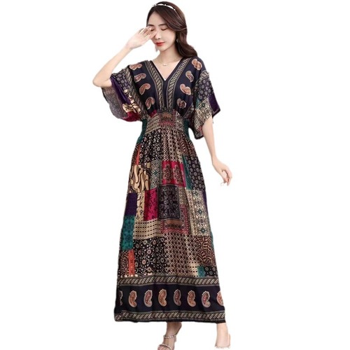 Skirt-style summer dress, travel-themed Thailand cotton gauze floral print ethnic short-sleeve vacation beach dress, ambiance