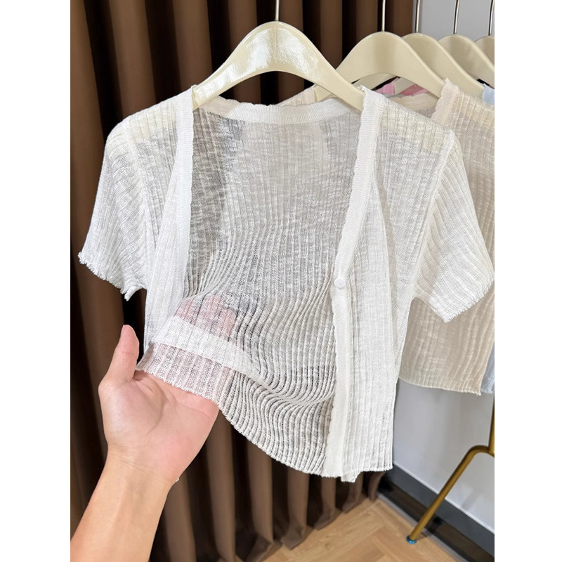 Ice Silk Short-Sleeved Knitted Cardigan Women's T-Shirt with Suspender Skirt and Small Shawl Short Sun Protection Blouse Top Summer Style