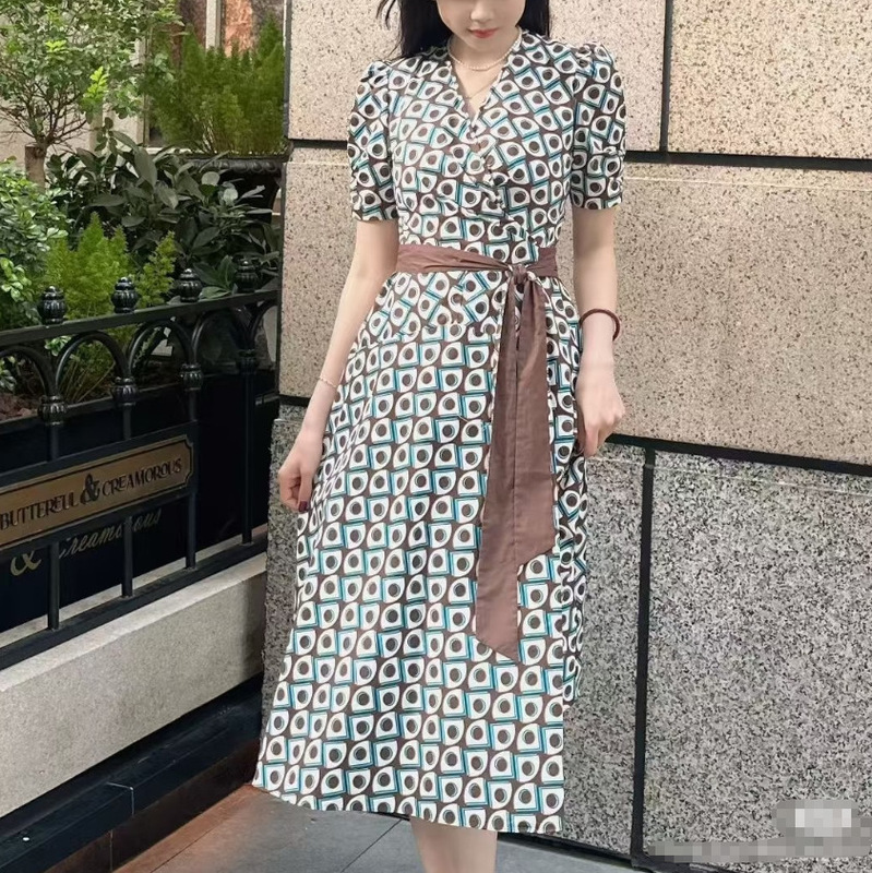 Dvf26 New Summer Style Modern Workwear Style V Neck Green Brown Diamond Pattern Slim-Fitting Short-Sleeved Wrap Dress