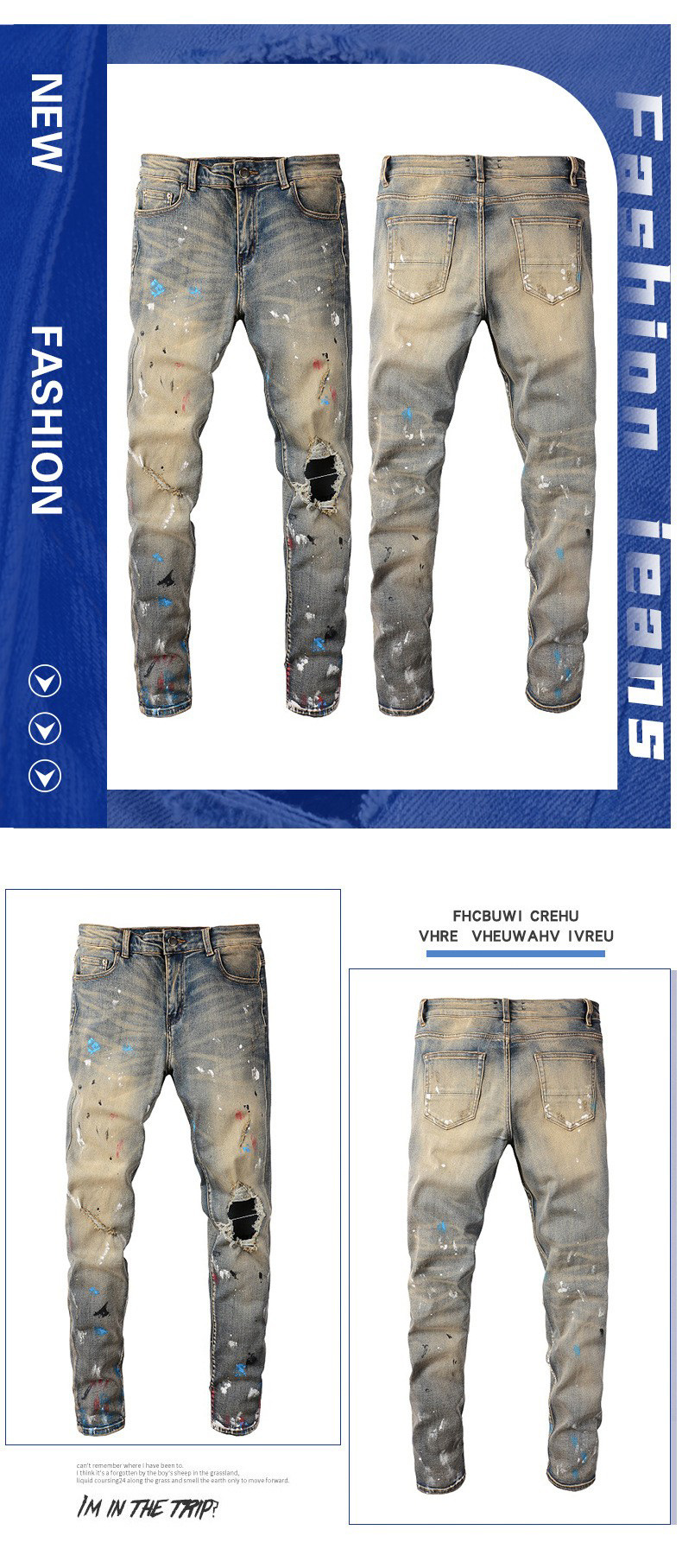 Herrenbekleidung High Street Retro Stretch Herren Tintenspritzer Graffiti Jeans Jugend Slim Fit zerrissene Röhrenhose_voghion.com