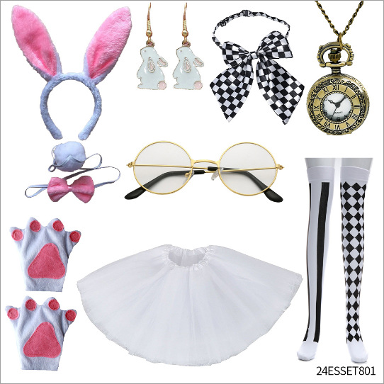 Nuevo traje de Pascua, sombrero alto con orejas de conejo, sombrero de Pascua, pajarita decorativa, calcetines por encima de la rodilla, reloj de bolsillo, camino de la ropa