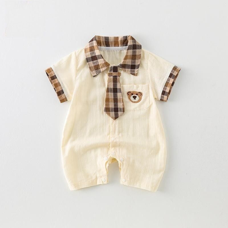 韓国風ベビー夏服、男の子ベビーカレッジスタイル半袖ジャンプスーツ、夏薄手満月百日服、トレンディ|undefined