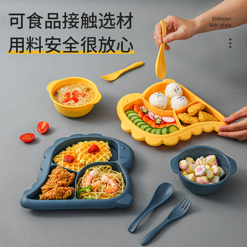 Dinosaurio infantil cubiertos set de grado alimenticio pp bebés suplemento tazón horno de microondas puede dividir platos de comedor cucharas de tazón