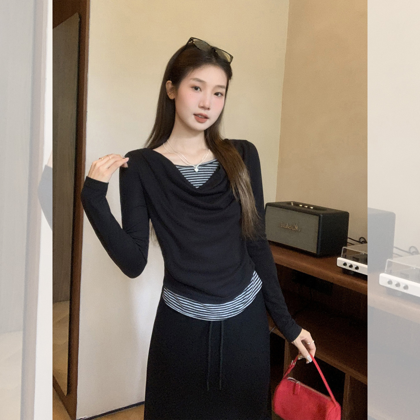 荡领假两件条纹拼接设计感长袖T恤女早秋褶皱收腰打底衫内搭上衣