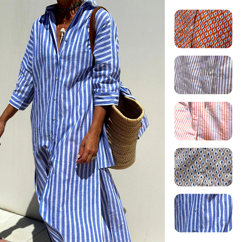Women's new five sleeve striped cardigan lapel shirt dress 8061