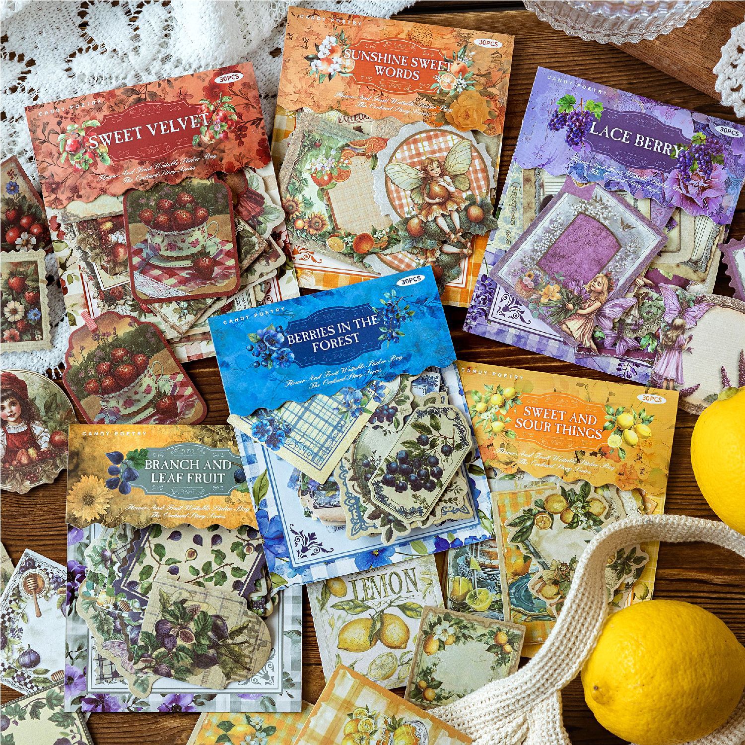 Sugar Poetry Paquete de pegatinas de papel kraft súper blanco Serie de historia de huerto Material de tema de frutas y verduras Carpas de mano Adhesivo de película de corte decorativo