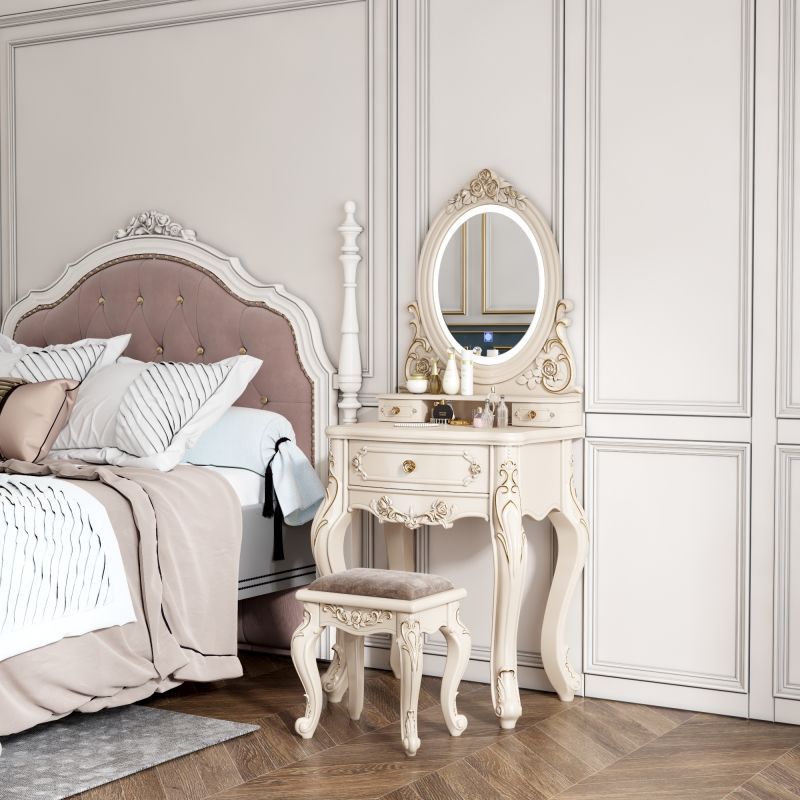 뜨거운 판매 3 색 조명 스트립 60 라운드 거울 아이보리 화이트 + 사각형 의자