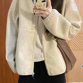新款秋季毛呢外套女美式复古宽松休闲百搭立领夹克卫衣开衫