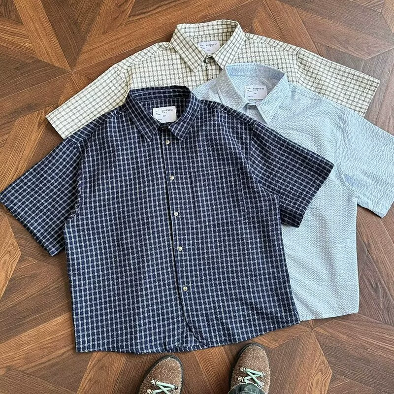 Ретро клетчатая рубашка с коротким рукавом из саржи для мужчин и женщин, новинка лета 2025, повседневная свободная рубашка-футболка в клетку