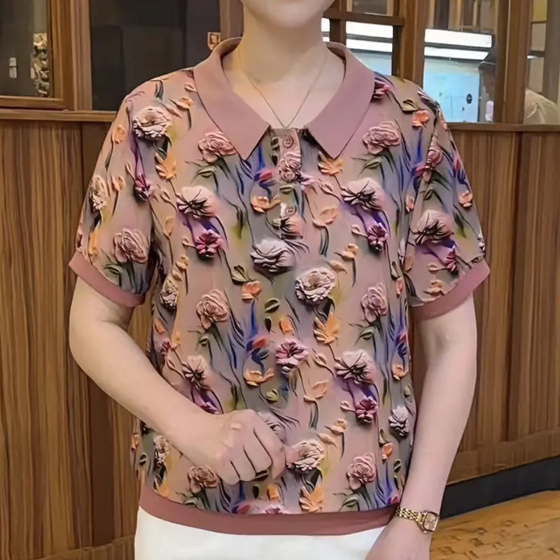 Summer New Fashion Polo Collar Floral Shirt Elegant Mom Outfit Versatile Slimming Age-Reducing Short-Sleeve T-Shirt Top Summer New Fashion Polo Collar Floral Shirt Elegant Mom Outfit Versatile Slimming Age-Reducing Short-Sleeve T-Shirt Top