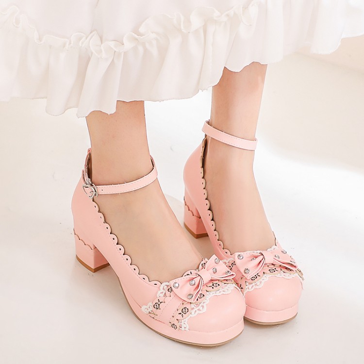 跨境大码48甜美Lolita女鞋一字扣带蝴蝶结粗跟花边日式可爱高跟鞋