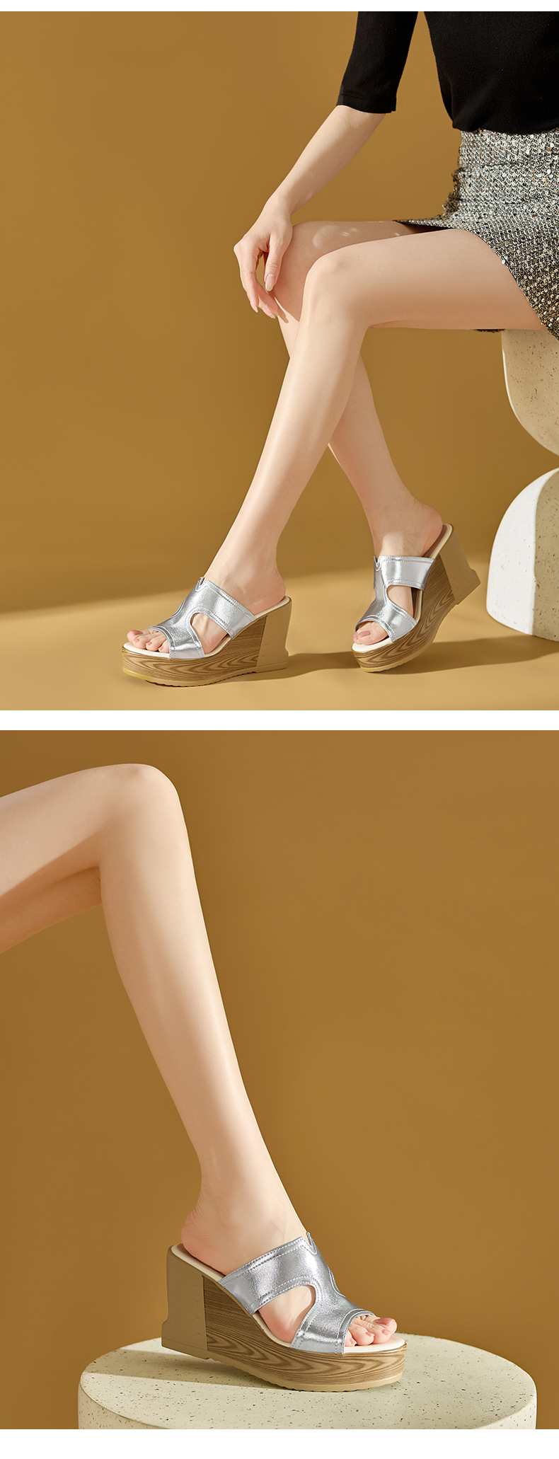 Dép sandal nữ quai chữ V đế xuồng cao gót 9 cm, mũi hở, phong cách tăng chiều cao — màu vàng, bạc chi tiết 9
