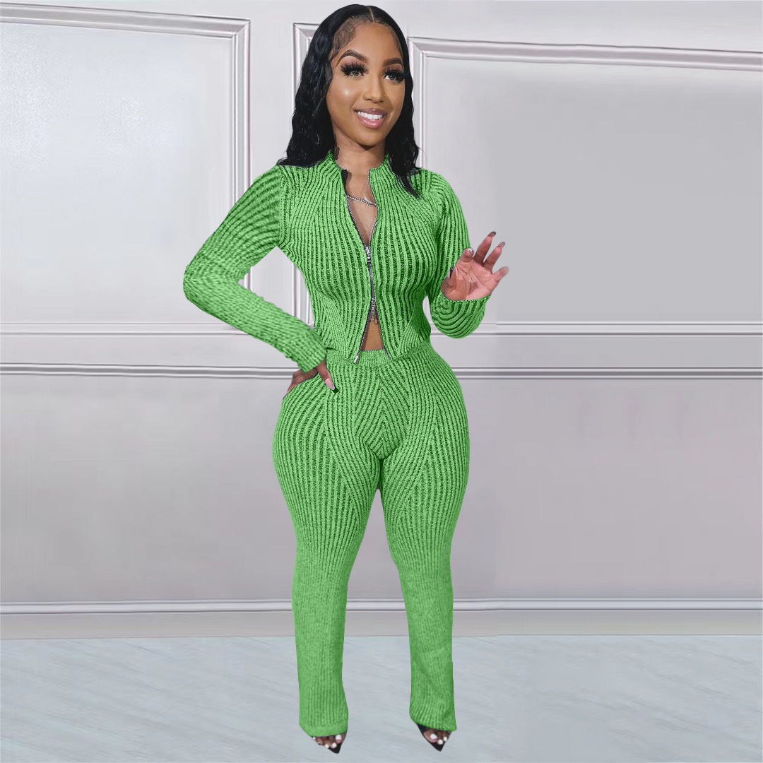 Women's Clothing NY8179 urban autumn and winter ladies knitted sweater two way zipper fashion casual suit_voghion.com