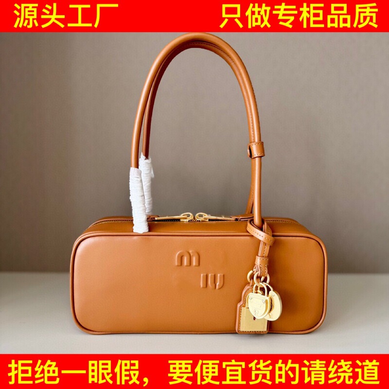 Miu Long Handle Bowling Ball 5Bb173 Original Leather Women's Bag High Version Shoulder Bag Armpit Bag Long Handbag