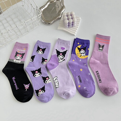 Japanese cartoon socks for women, purple combed cotton mid-calf women’s socks, cute little witch stockings, dropshipping