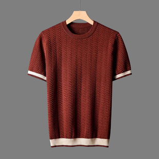 Cross-Border Foreign Trade Summer Breathable Italian Color Matching Light Mature Trendy Men's Round Neck Contrast Jacquard Texture Loose Short-Sleeved Knitted