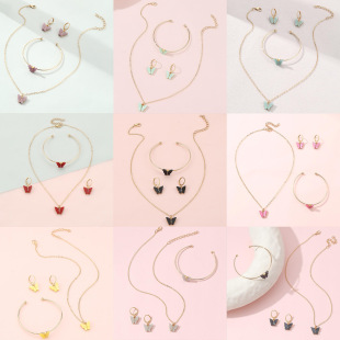 Cross-border children's butterfly necklace bracelet earrings jewelry three-piece set Korean summer new fashion simple jewelry women