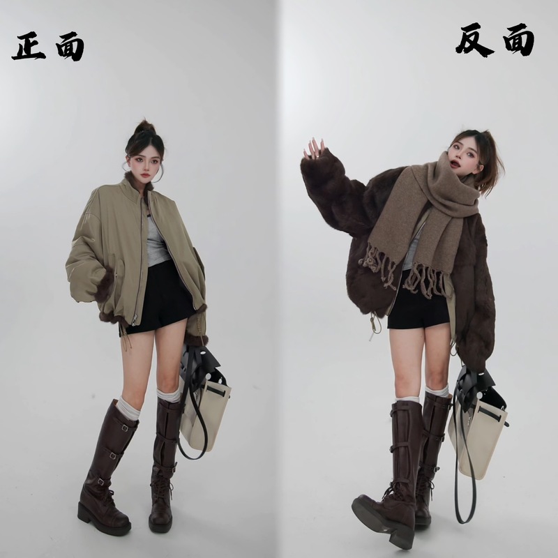 休闲两面穿短款皮草派克服冬季新款女士兔毛皮草外套保暖毛毛外套|undefined