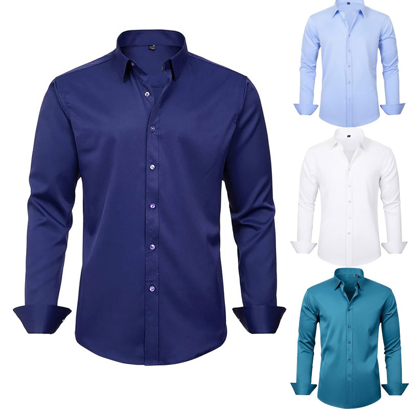 Amazon Four-sided Stretch Dress Shirt Men's Slim-fit Long-sleeved Solid Color Simple Men's Shirt Business Casual Men's Wear Amazon Four-sided Stretch Dress Shirt Men's Slim-fit Long-sleeved Solid Color Simple Men's Shirt Business Casual Men's Wear