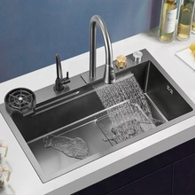 纳米304不锈钢厨房飞雨水槽加厚大单槽洗菜盆手工槽洗碗池家用