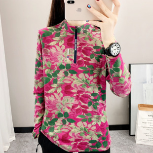 23C3101 printed new develvet double-sided brushed bottoming shirt long sleeve versatile autumn and winter top fleece-lined stand collar