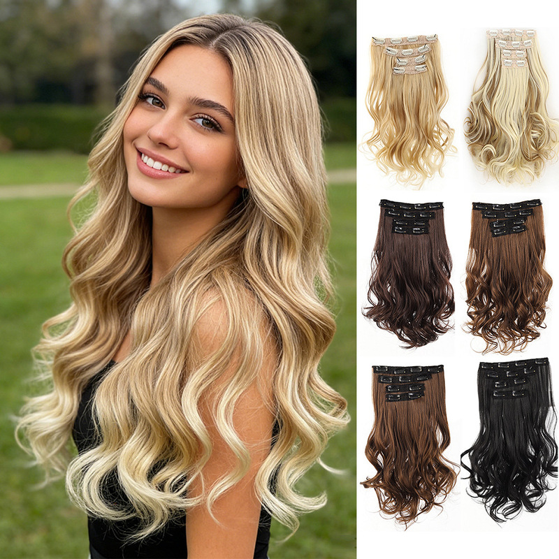 Foreign Trade Wigs for Women, Long Curly Hair Wig Clips, Four-Piece Set of Synthetic Hair Extensions, Pear-Shaped Curly Hair Extensions Foreign Trade Wigs for Women, Long Curly Hair Wig Clips, Four-Piece Set of Synthetic Hair Extensions, Pear-Shaped Curly Hair Extensions