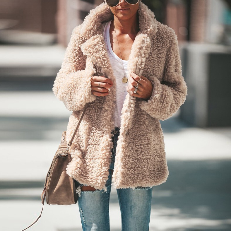 Autumn and Winter European and American Explosions Loose Warm Plush Amazon Hot Sale in stock Lapel Solid Color Long Sleeve Jacket Cardigan