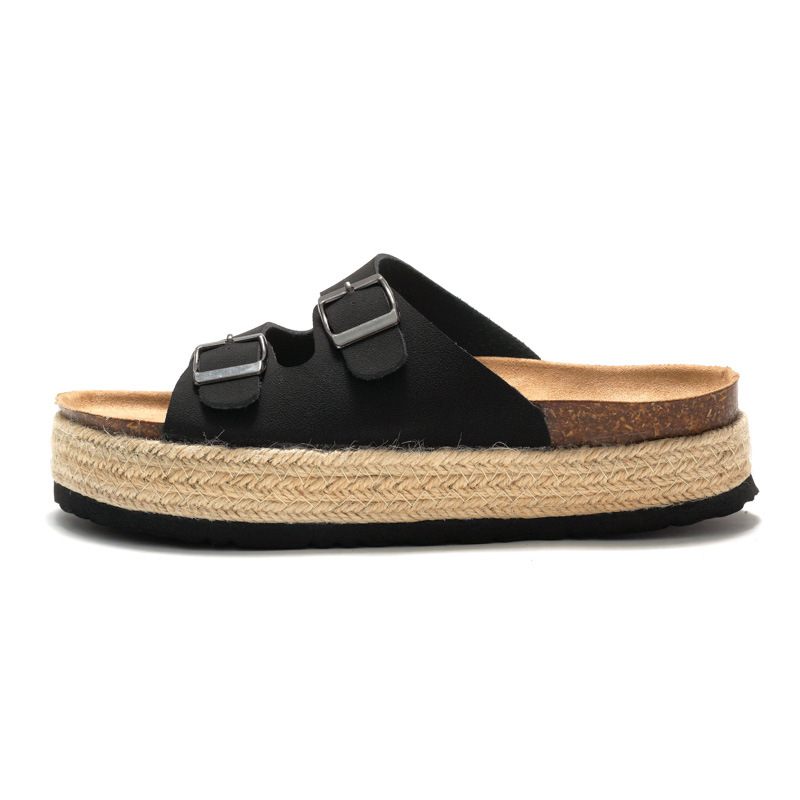 RUIZUSTOCK Été Nouvelles pantoufles en liège pour femmes Semelle épaisse Sandales de plage pour femmes Daim tissé Double boucle_voghion.com