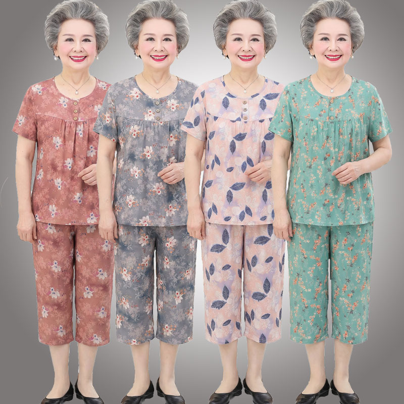 Summer Clothing for Middle-Aged and Elderly Women, Short-Sleeved Cotton Silk Suit, Mother's Home Wear, Old Lady's Artificial Cotton Pullover, Grandma's Pajamas Summer Clothing for Middle-Aged and Elderly Women, Short-Sleeved Cotton Silk Suit, Mother's Home Wear, Old Lady's Artificial Cotton Pullover, Grandma's Pajamas